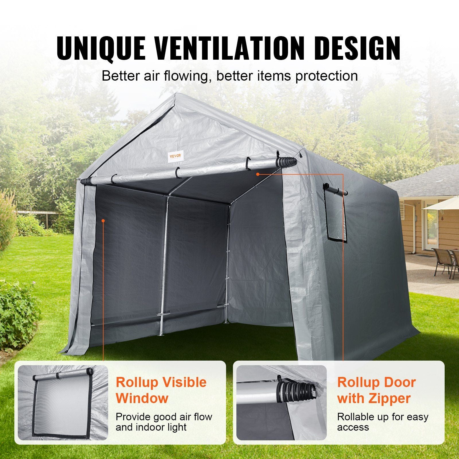 7x12 FT Fabric Carport, 8.46 oz Fabric, 7.36 FT Peak Height, Gray