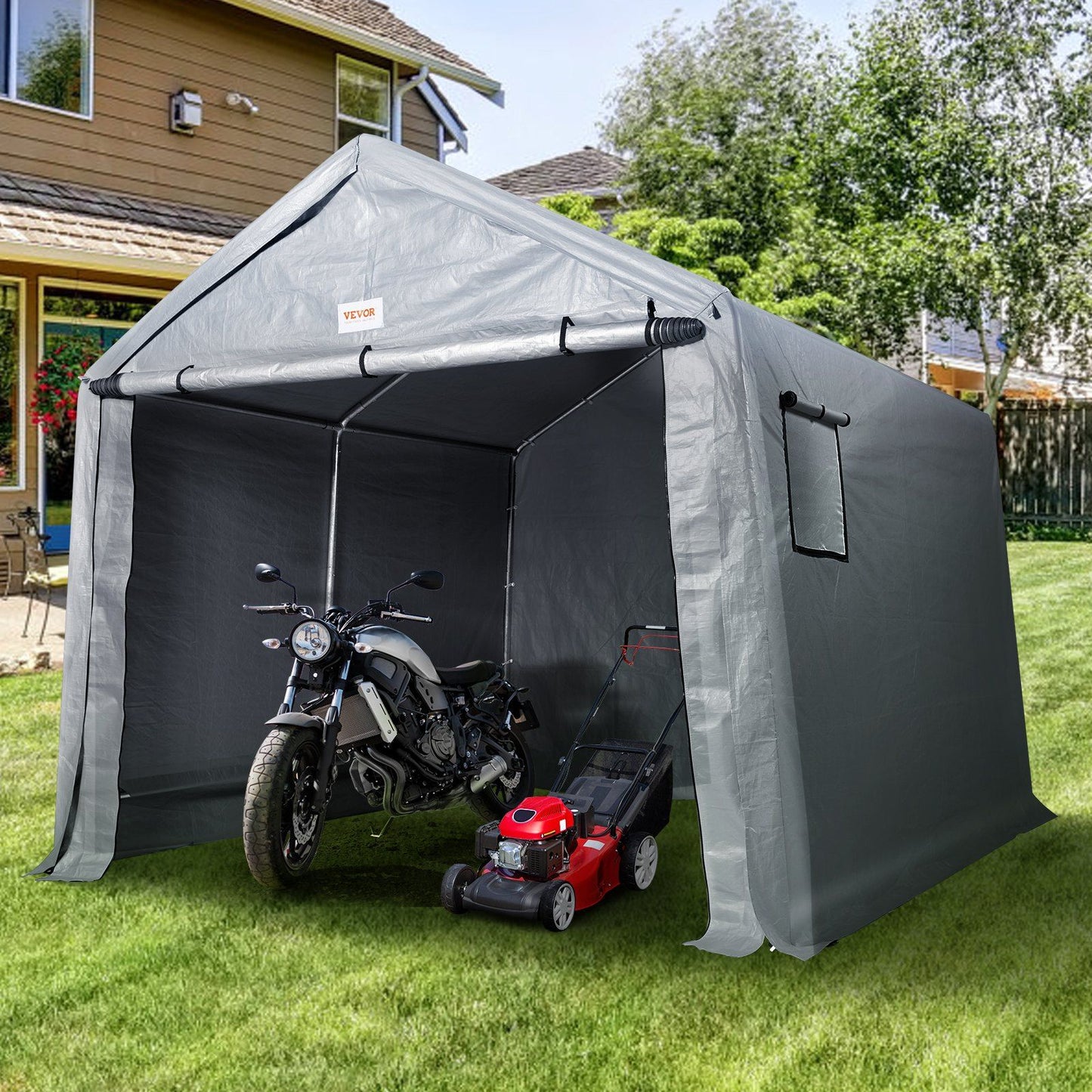 7x12 FT Fabric Carport, 8.46 oz Fabric, 7.36 FT Peak Height, Gray