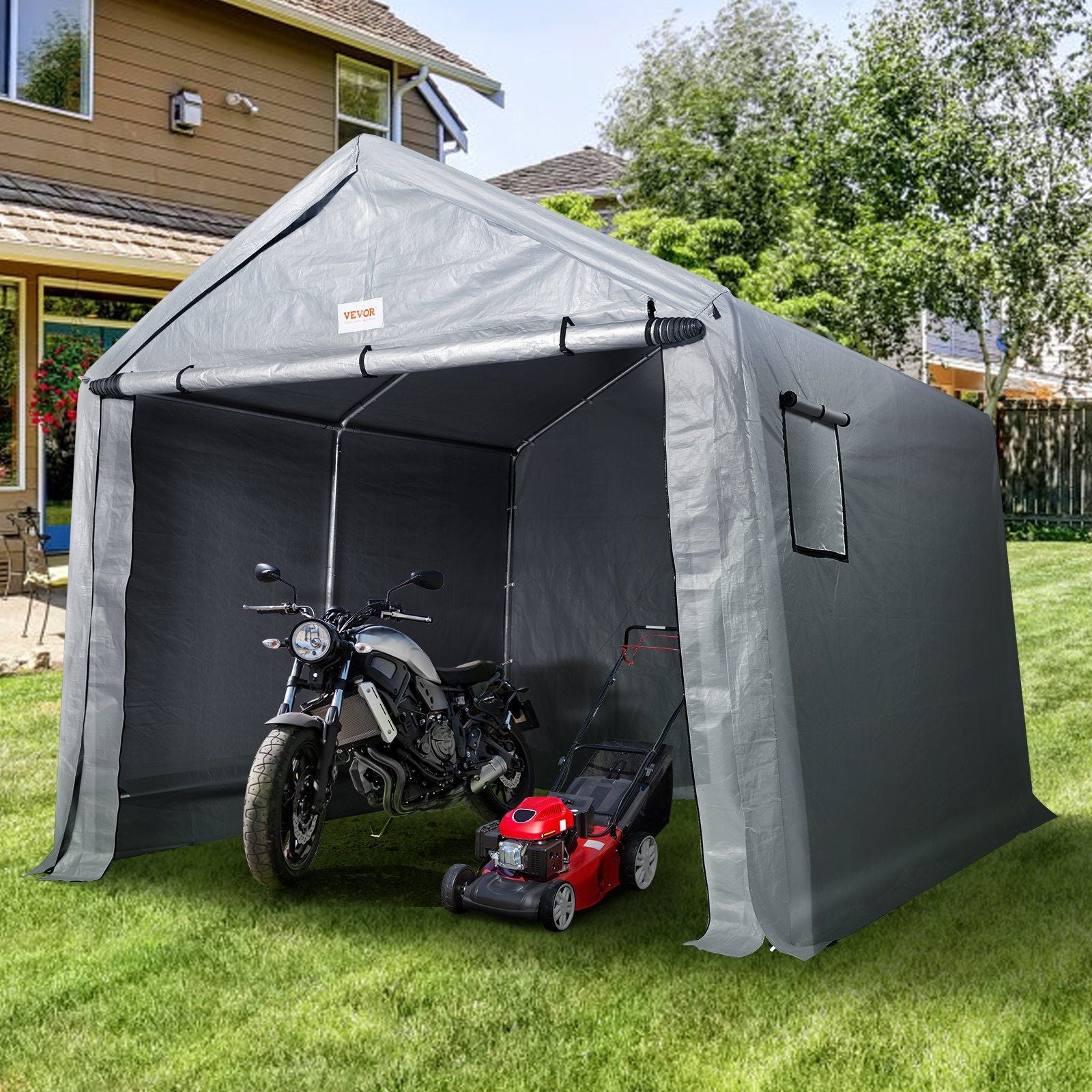 7x12 FT Fabric Carport, 8.46 oz Fabric, 7.36 FT Peak Height, Gray