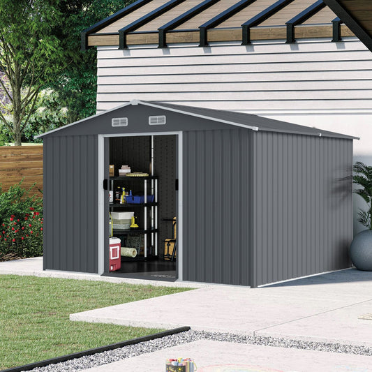 8x10 FT Metal Storage Shed, Sliding Door, Gable Roof, Gray