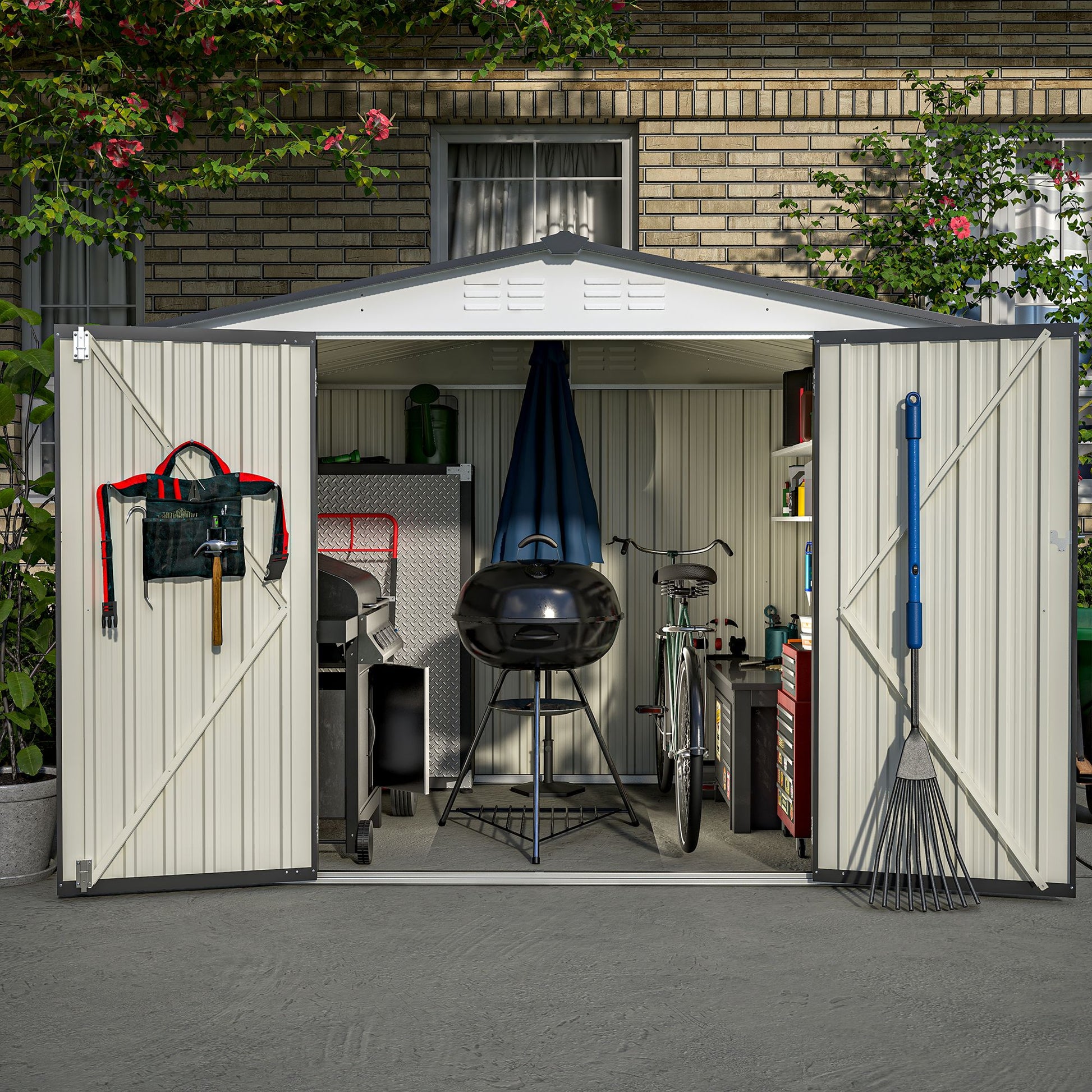 8x6 FT Metal Storage Shed, Double Open Door, Gable Roof, White