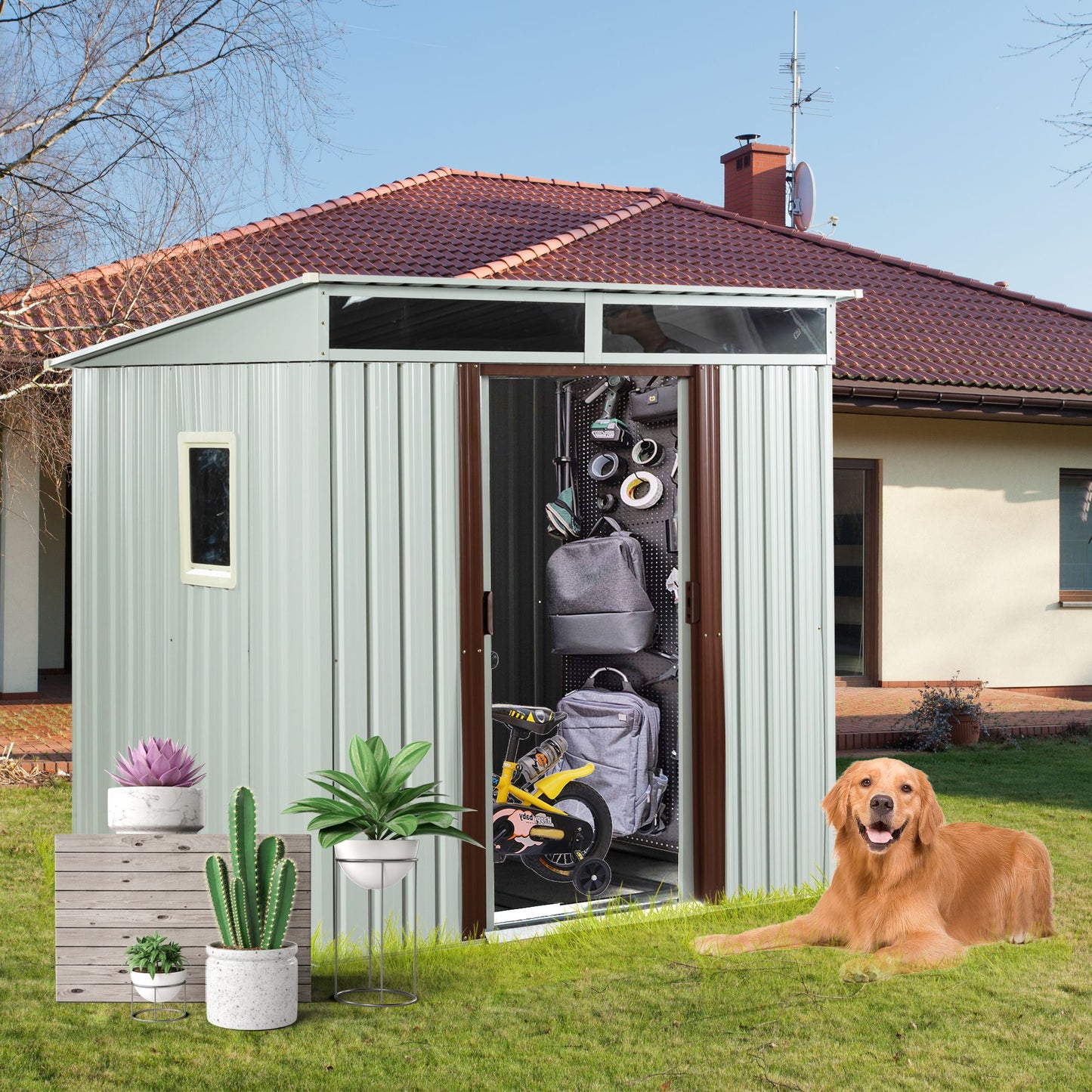 6x5 FT Metal Storage Shed, Skylight & Window, Sliding Door, Lean-to Roof, White