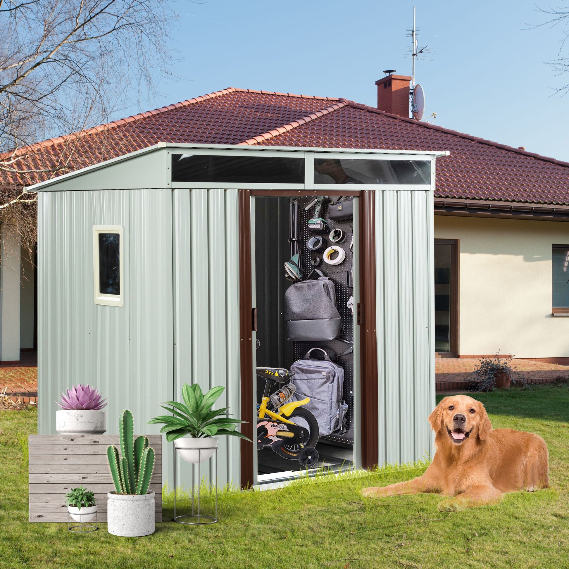6x5 FT Metal Storage Shed, Skylight & Window, Sliding Door, Lean-to Roof, White