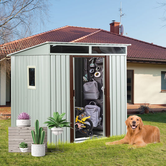 6x5 FT Metal Storage Shed, Skylight & Window, Sliding Door, Lean-to Roof, White