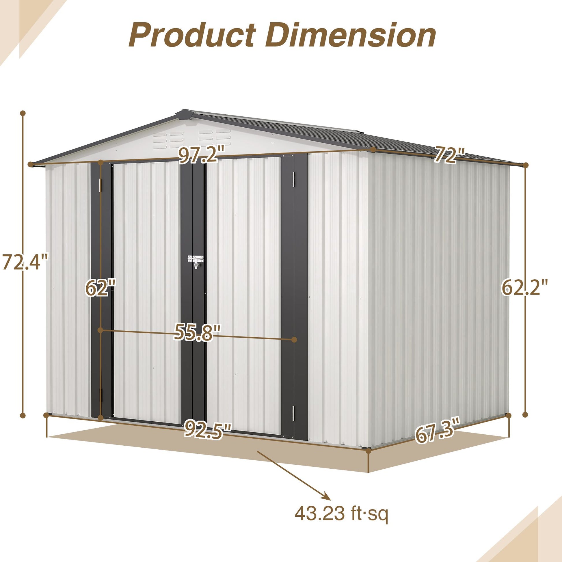 8x6 FT Metal Storage Shed, Double Open Door, Gable Roof, White