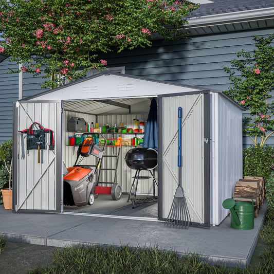 10X8 FT Metal Storage Shed, Double Open Doors, Gable Roof, Gray