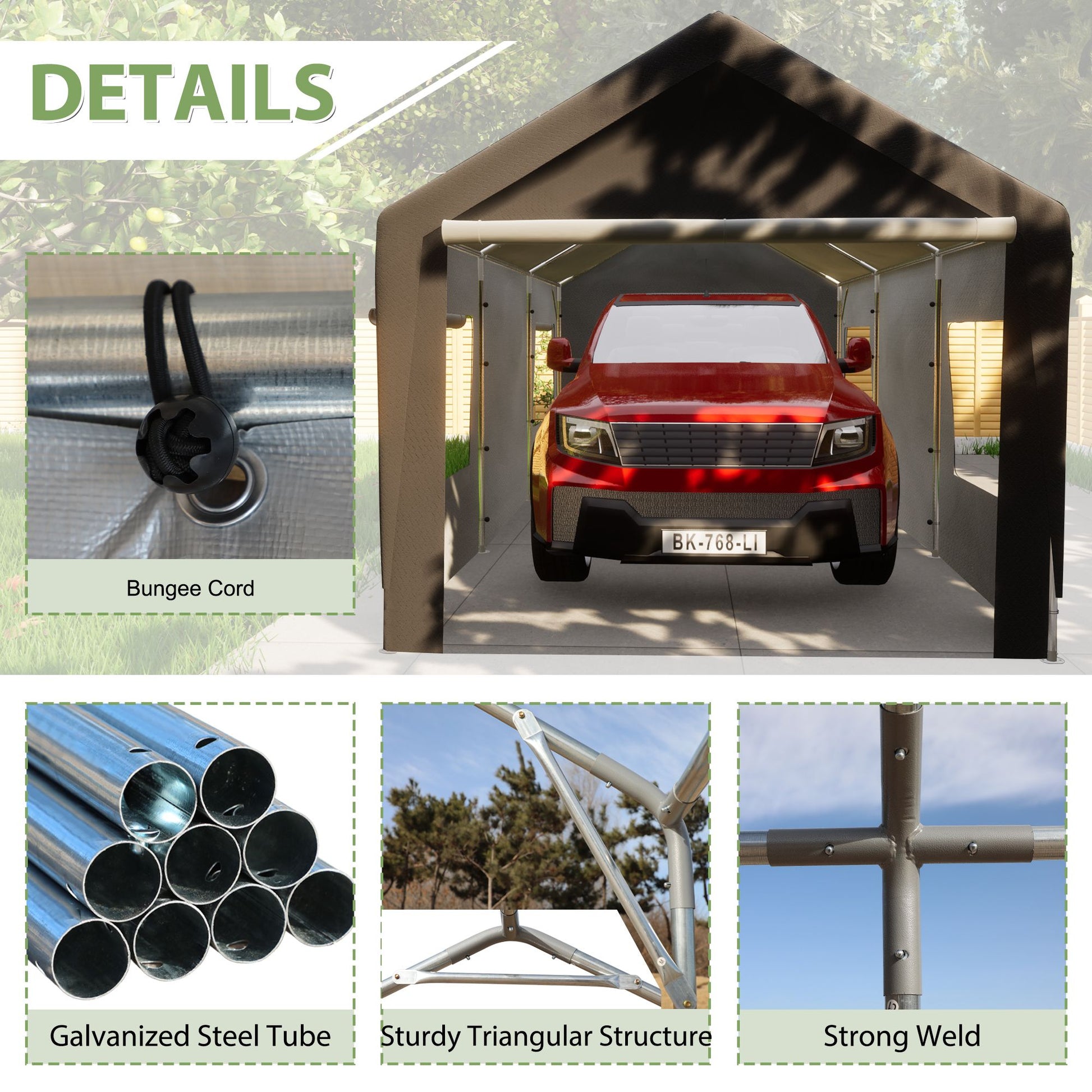 10x20 FT Fabric Carport, 1.5" Steel Frame, Detachable Side Walls, 6.35 oz Polyethylene Fabric, Gray
