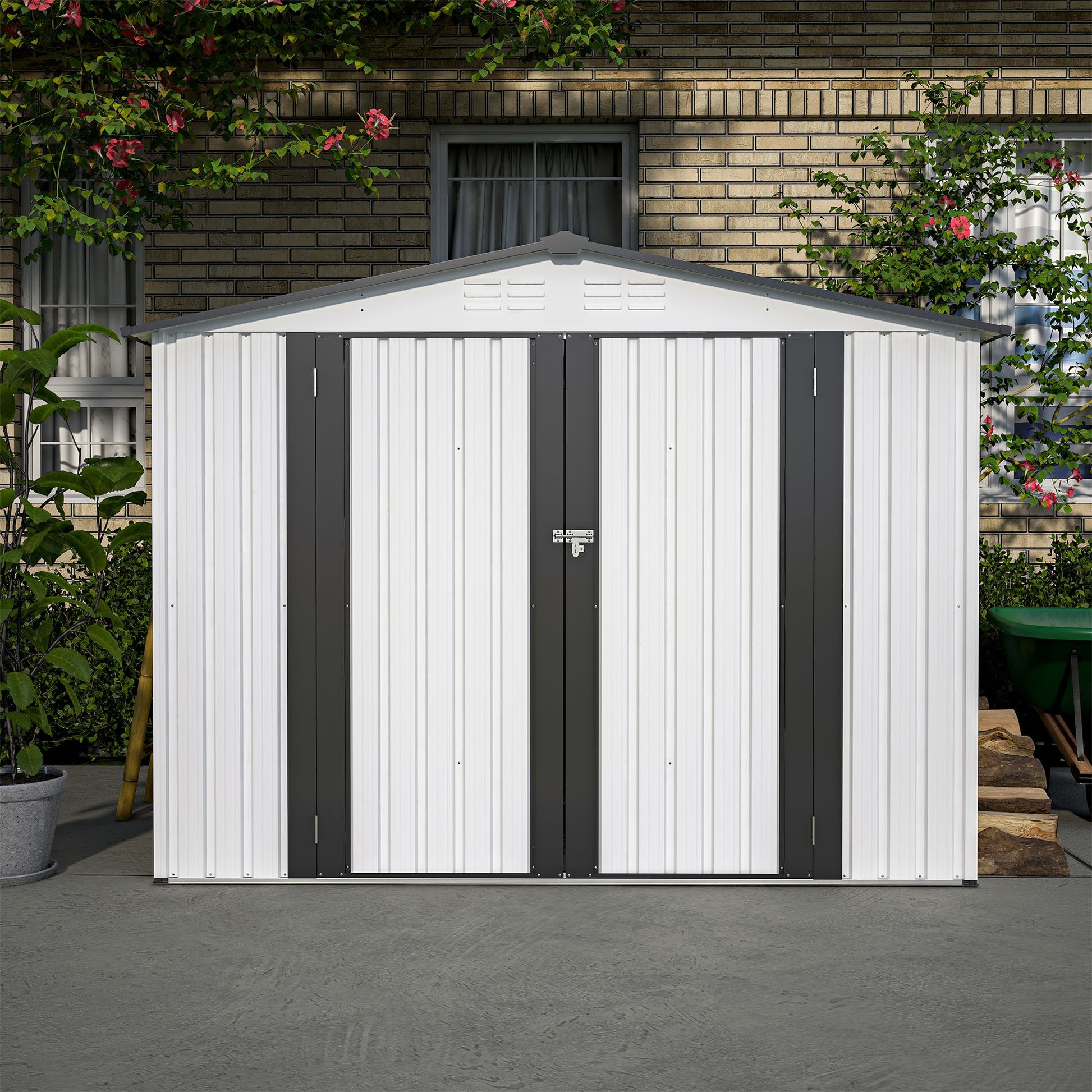 8x6 FT Metal Storage Shed, Double Open Door, Gable Roof, White