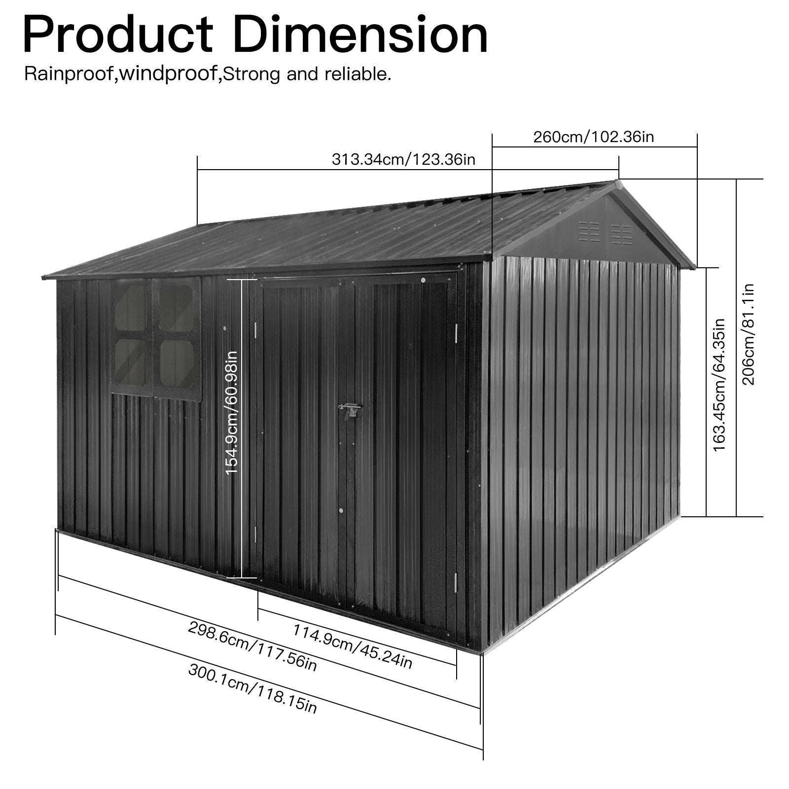10x8 FT Metal Storage Shed, Window, Double Open Door, Gable Roof, Black