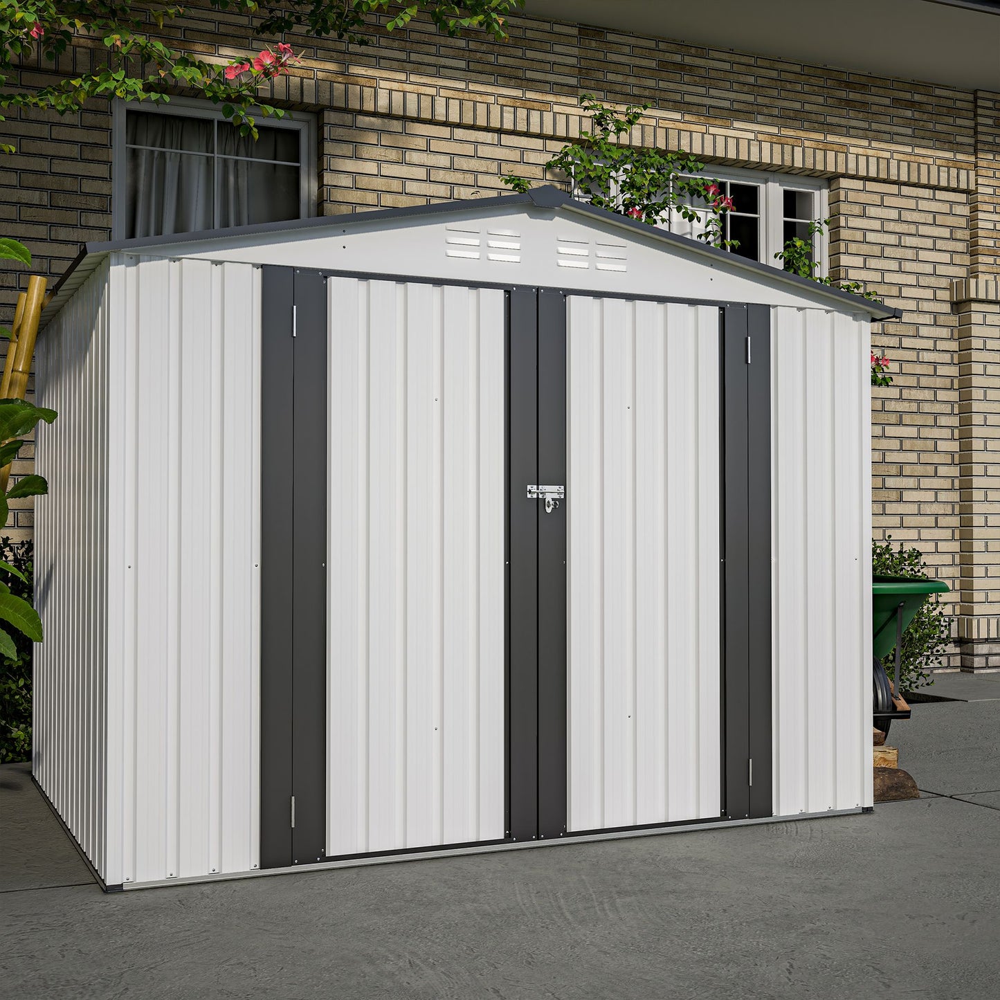 8x6 FT Metal Storage Shed, Double Open Door, Gable Roof, White