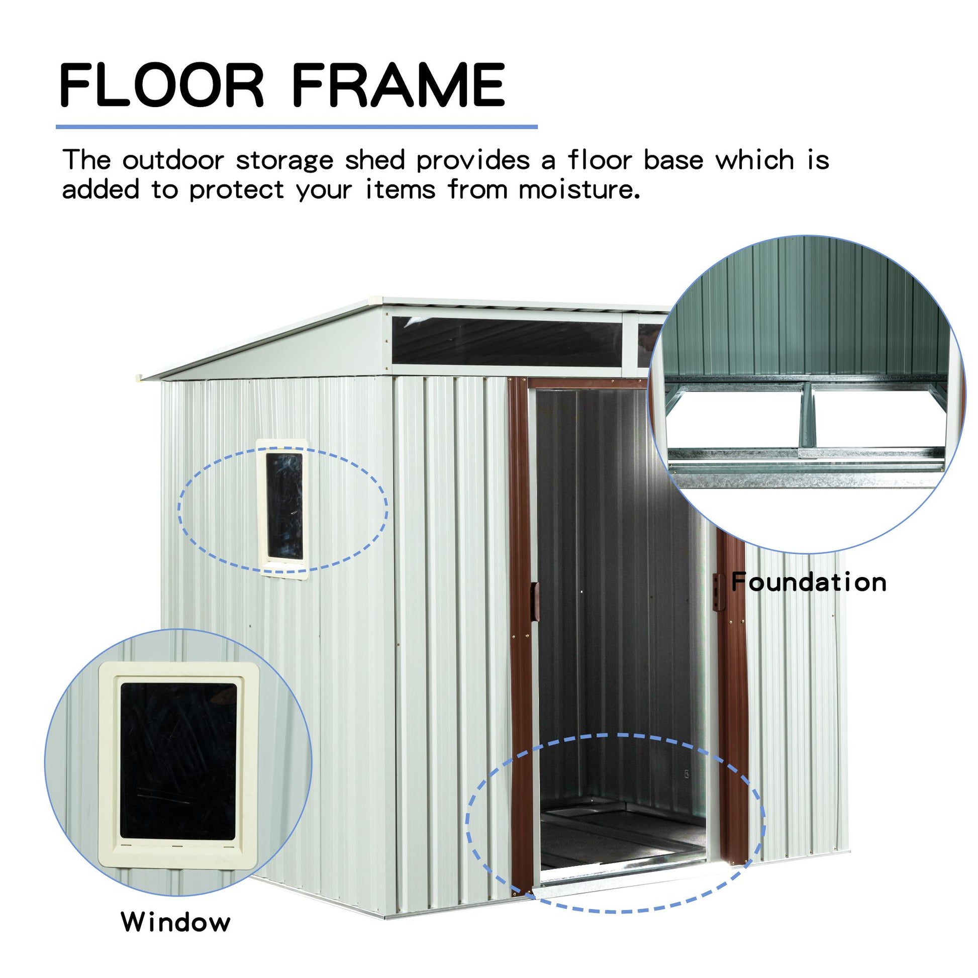 6x5 FT Metal Storage Shed, Skylight & Window, Sliding Door, Lean-to Roof, White