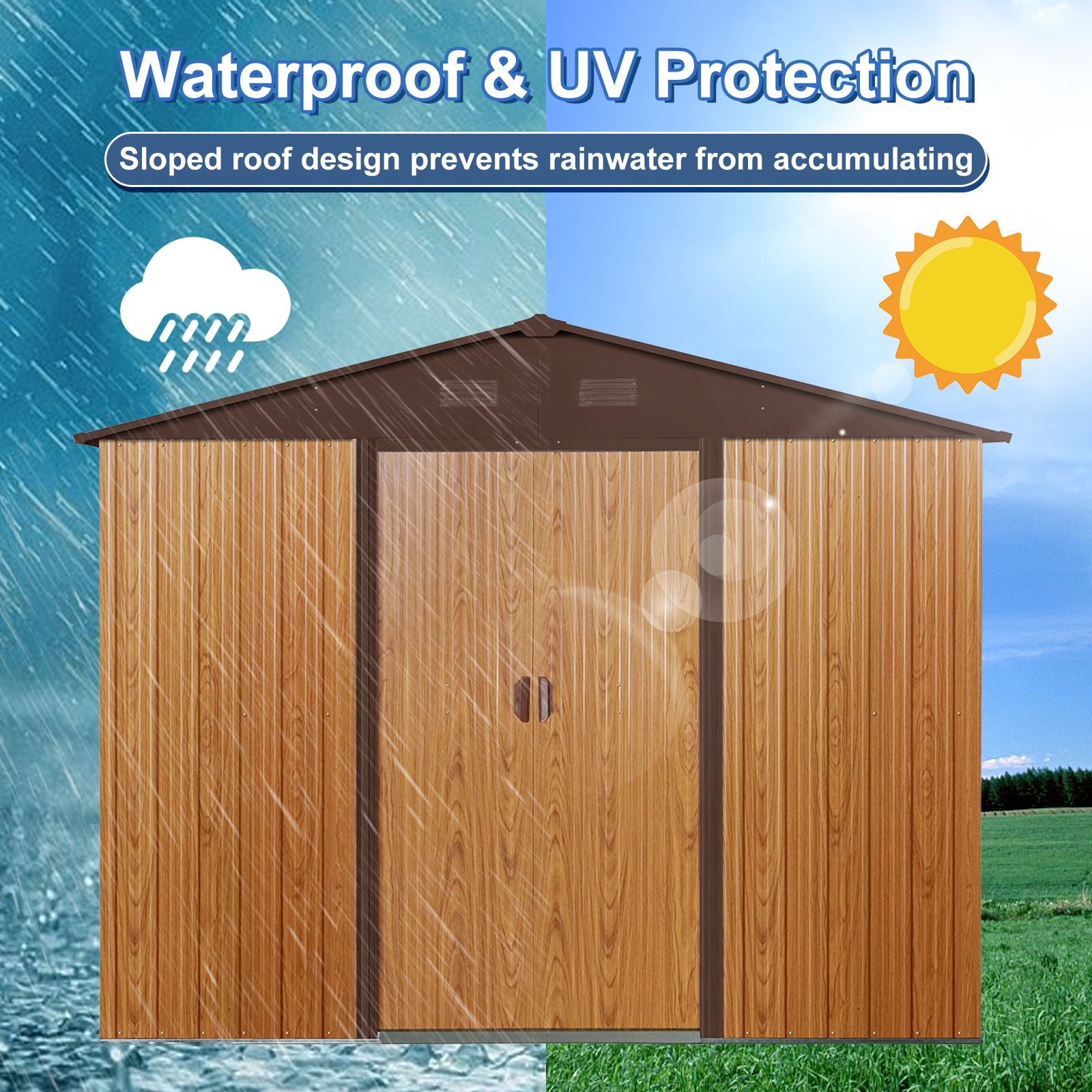 8x10 FT Metal Storage Shed, Sliding Door, Gable Roof, Wood