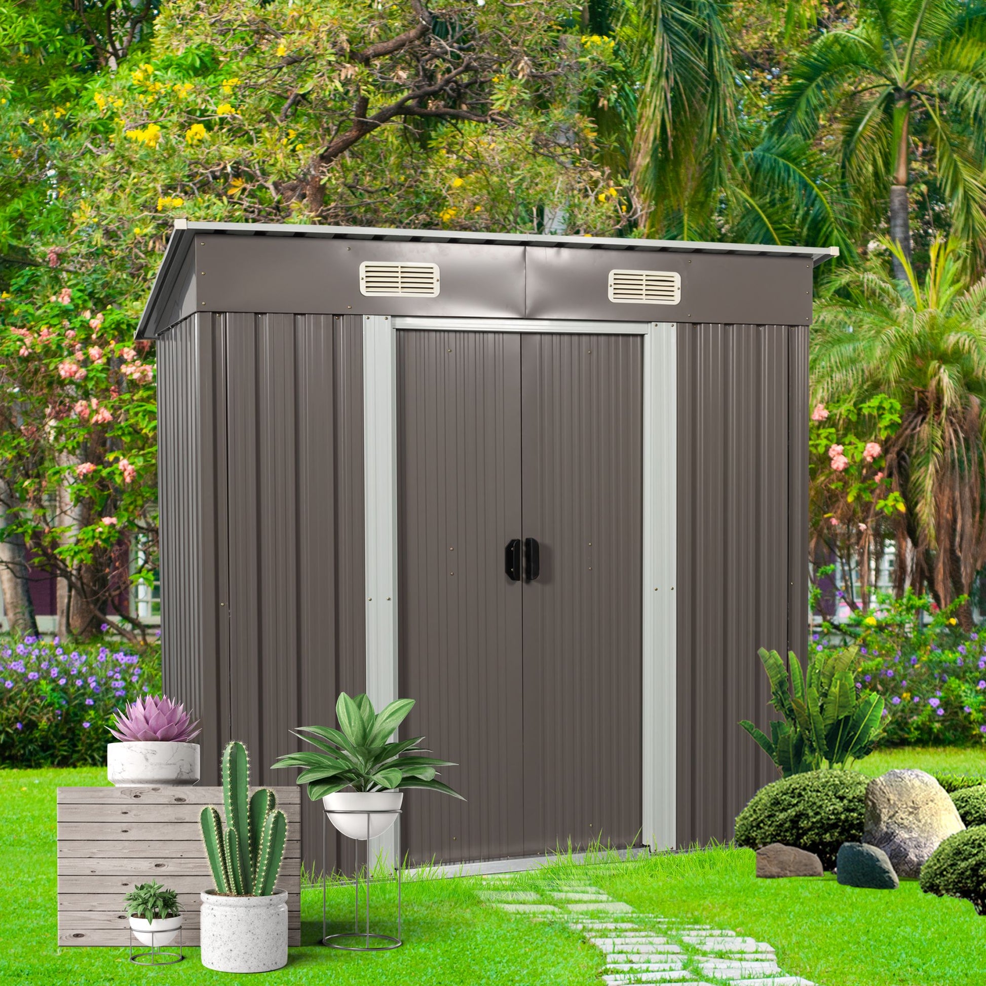 6x4 FT Metal Storage Shed, Sliding Door, Lean-to Roof, Gray