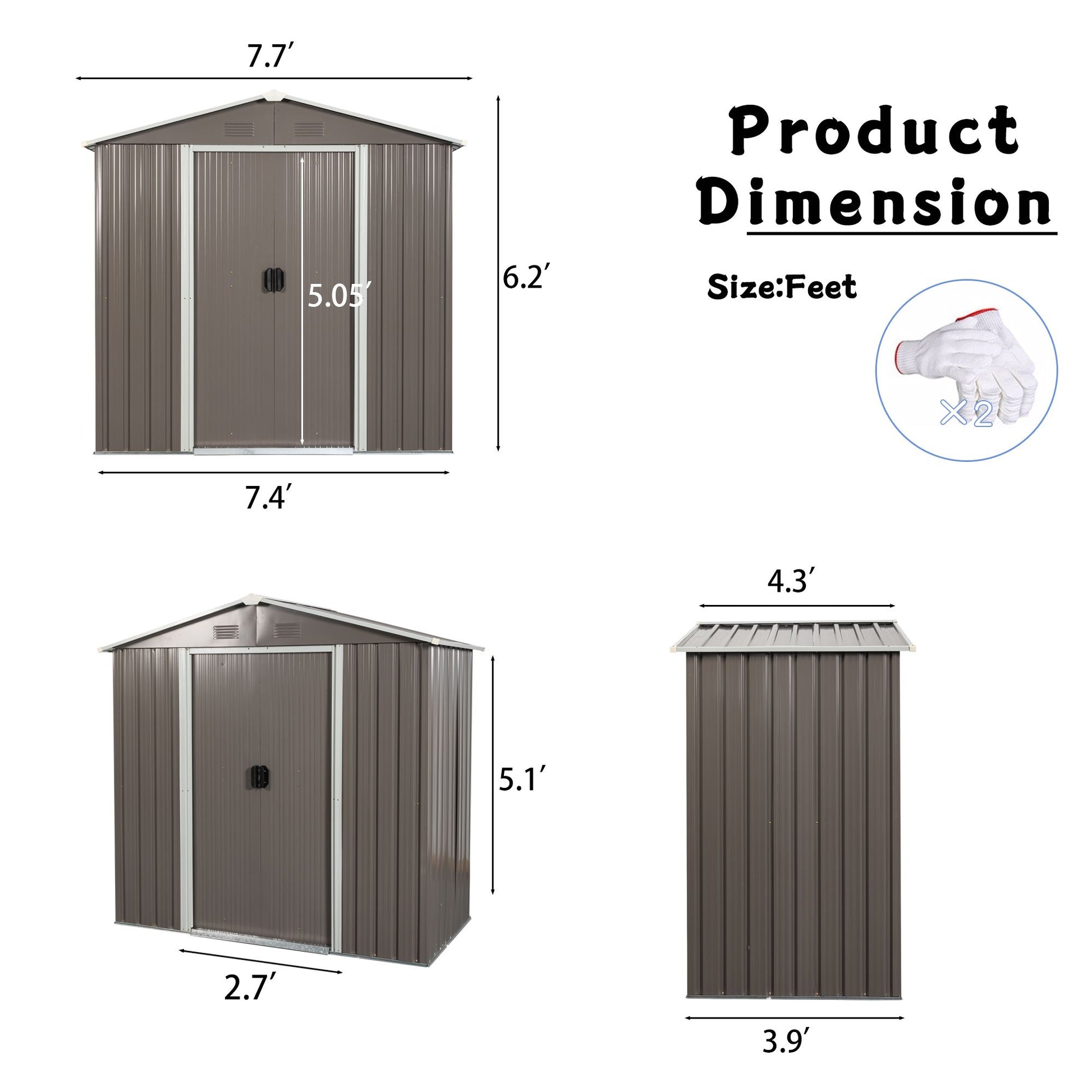 8x4 FT Metal Storage Shed, Sliding Door, Gable Roof, Gray
