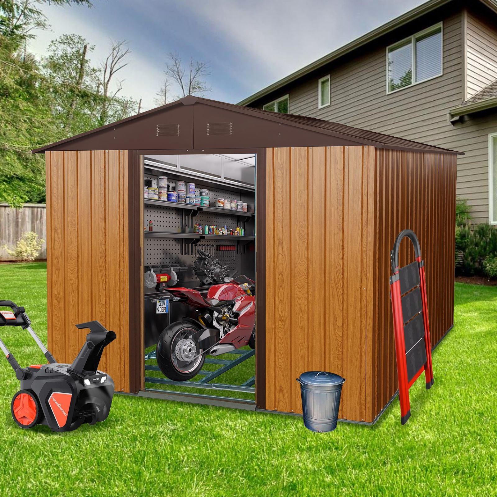 8x10 FT Metal Storage Shed, Sliding Door, Gable Roof, Wood