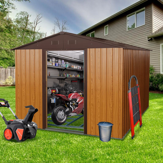8x10 FT Metal Storage Shed, Sliding Door, Gable Roof, Wood