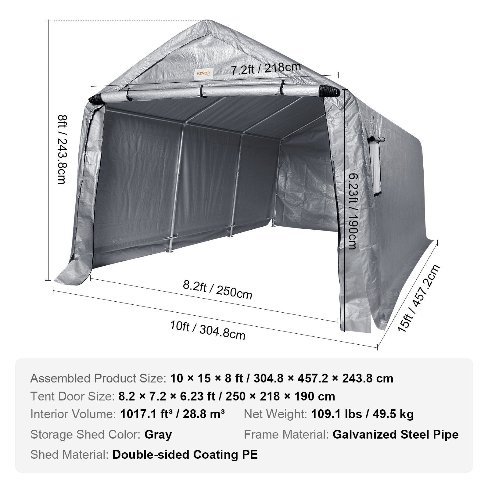 10x15 FT Fabric Carport, 8.46 oz Fabric, 8 FT Peak Height, Gray
