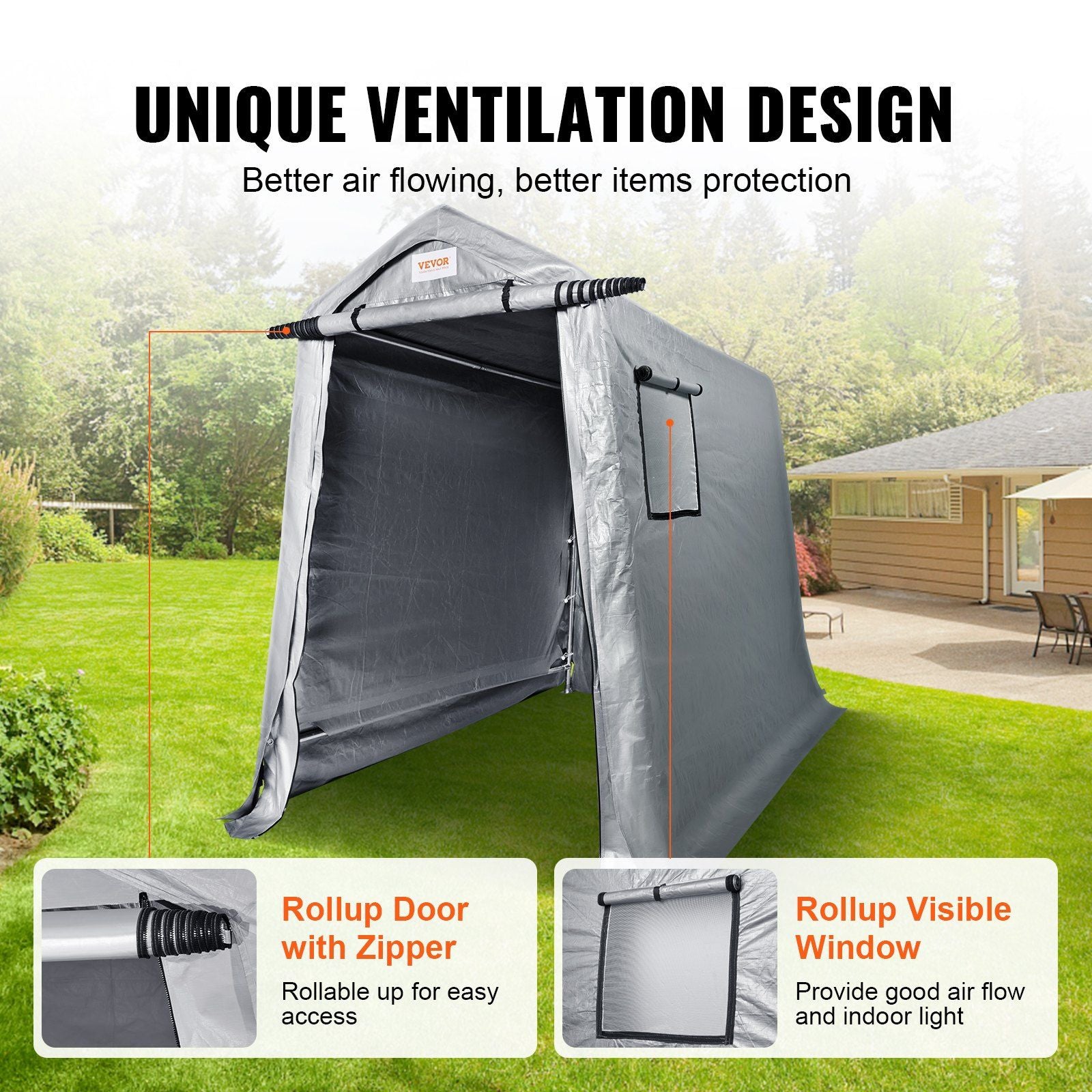 6x8 FT Fabric Carport, 8.46 oz Fabric, 7 FT Peak Height, Gray