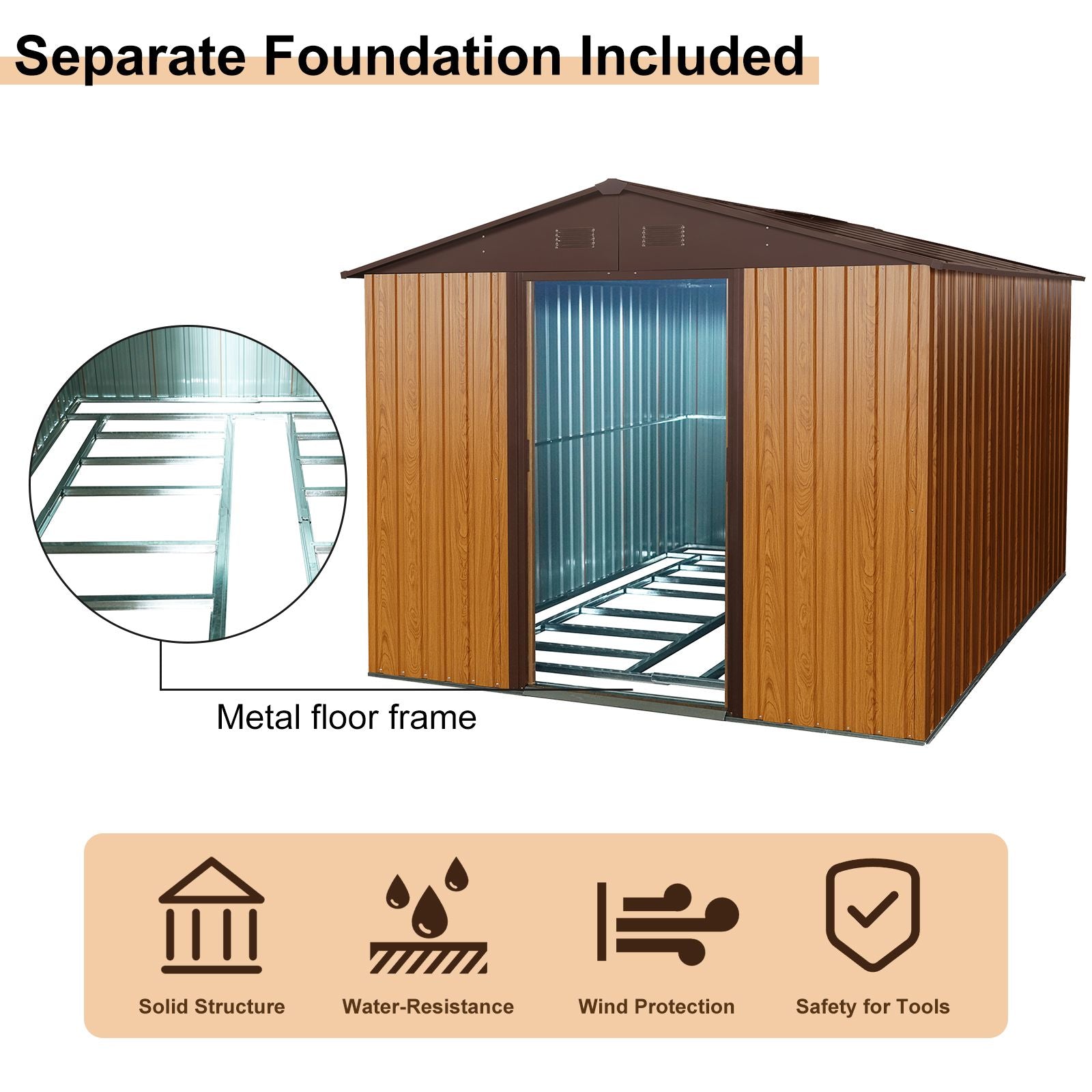8x10 FT Metal Storage Shed, Sliding Door, Gable Roof, Wood