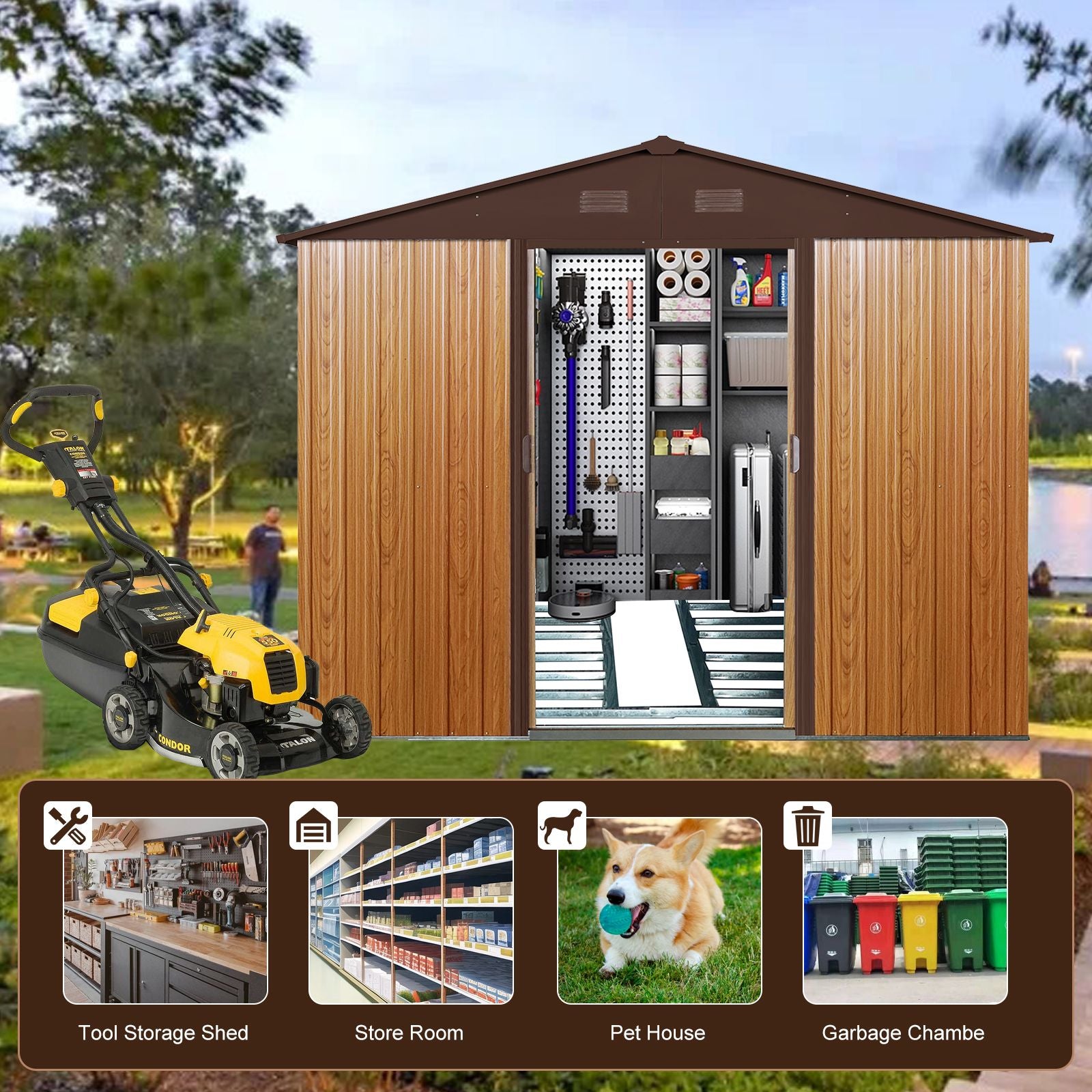 8x10 FT Metal Storage Shed, Sliding Door, Gable Roof, Wood