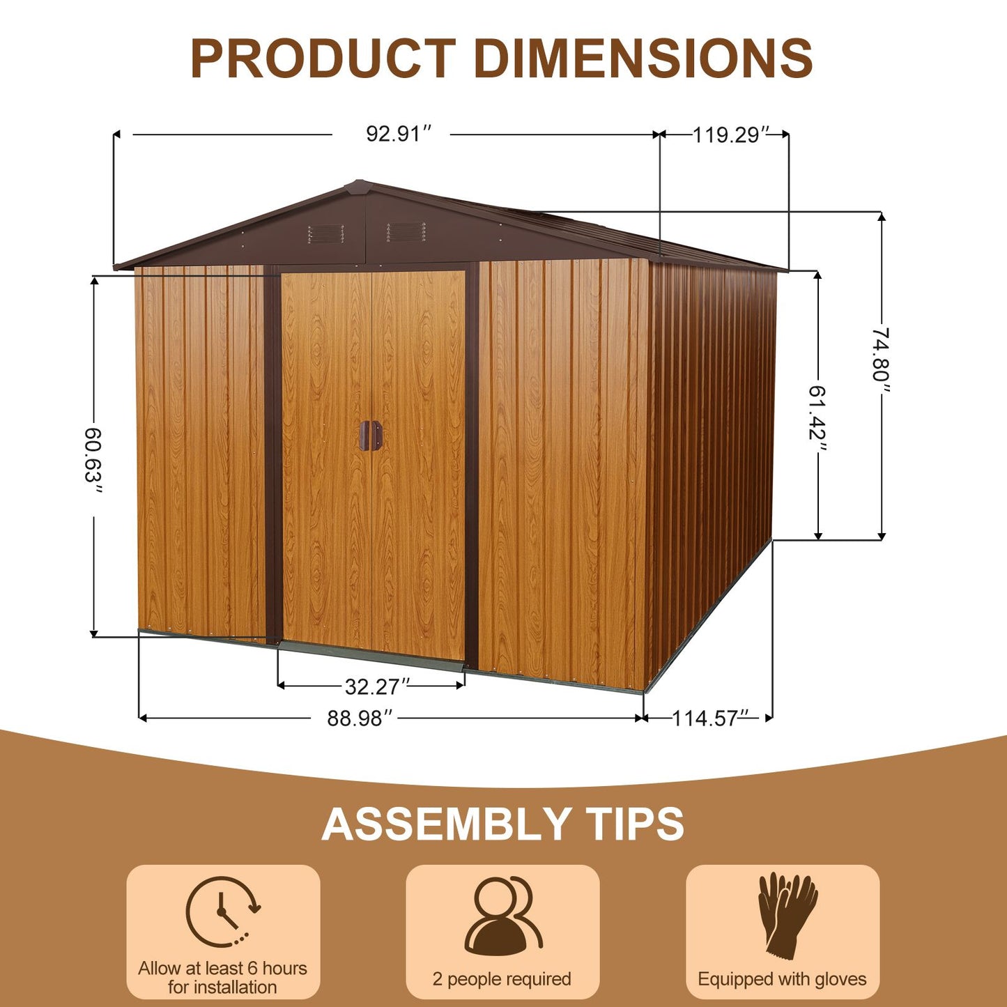 8x10 FT Metal Storage Shed, Sliding Door, Gable Roof, Wood