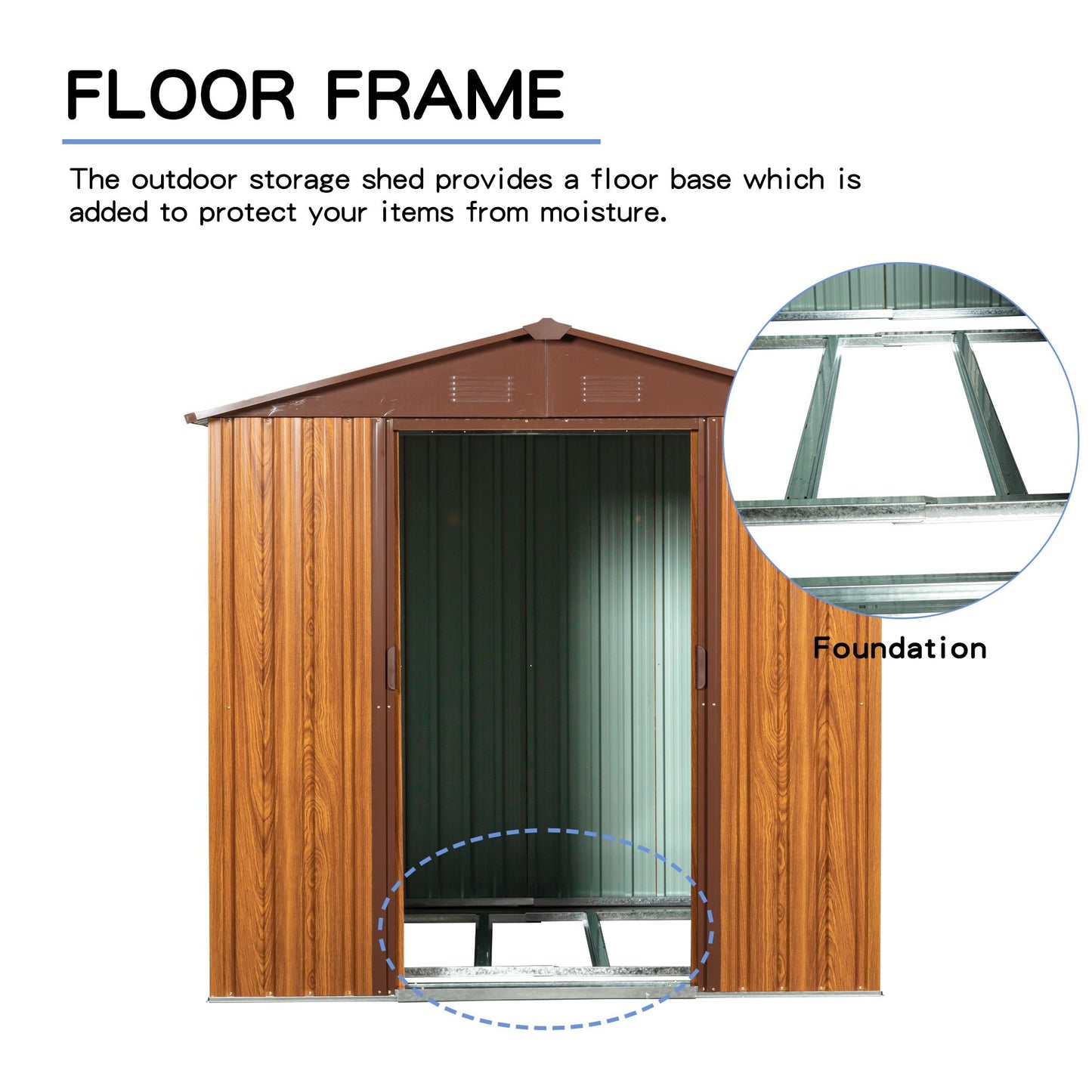 6x6 FT Metal Storage Shed, Sliding Door, Gable Roof, Wood