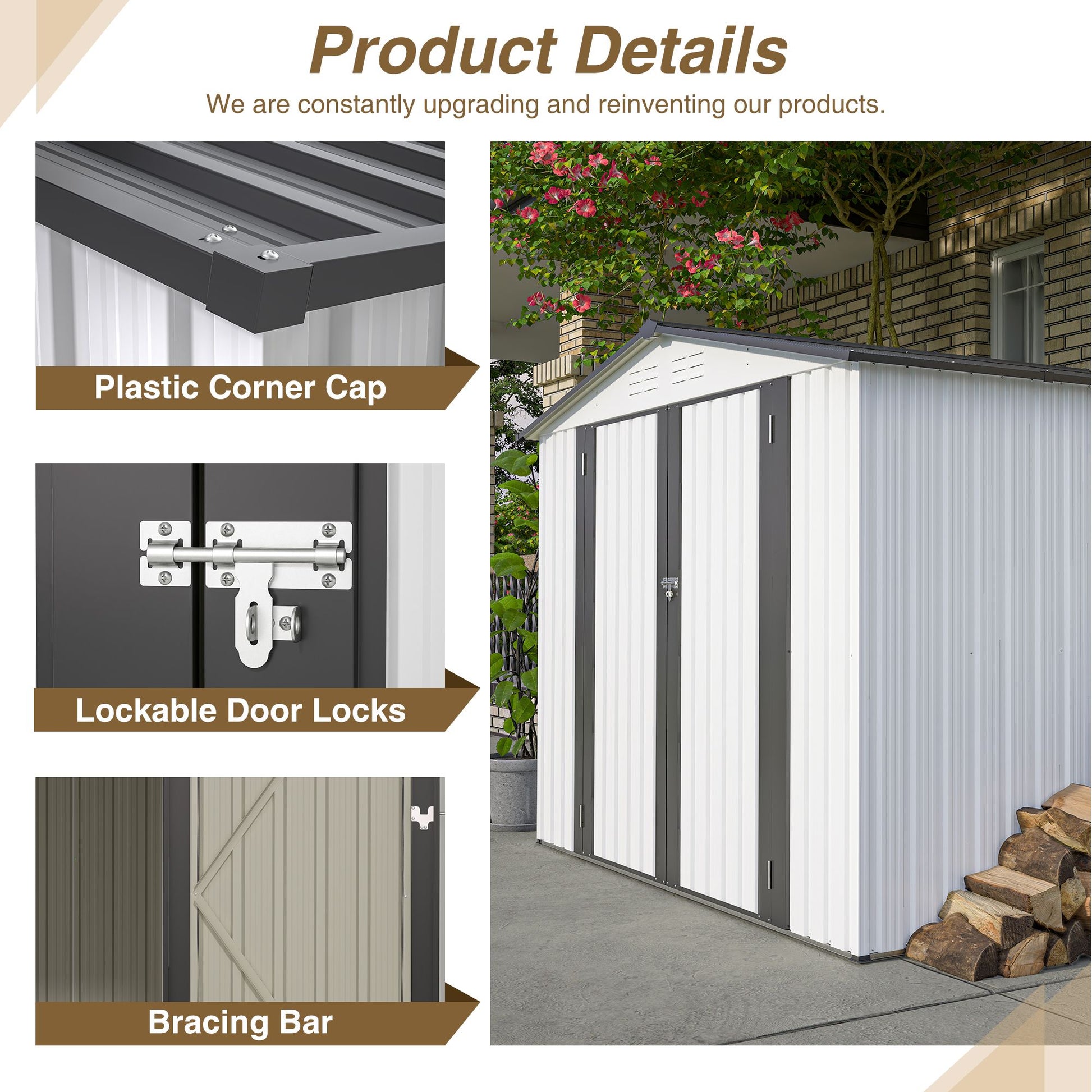 8x6 FT Metal Storage Shed, Double Open Door, Gable Roof, White