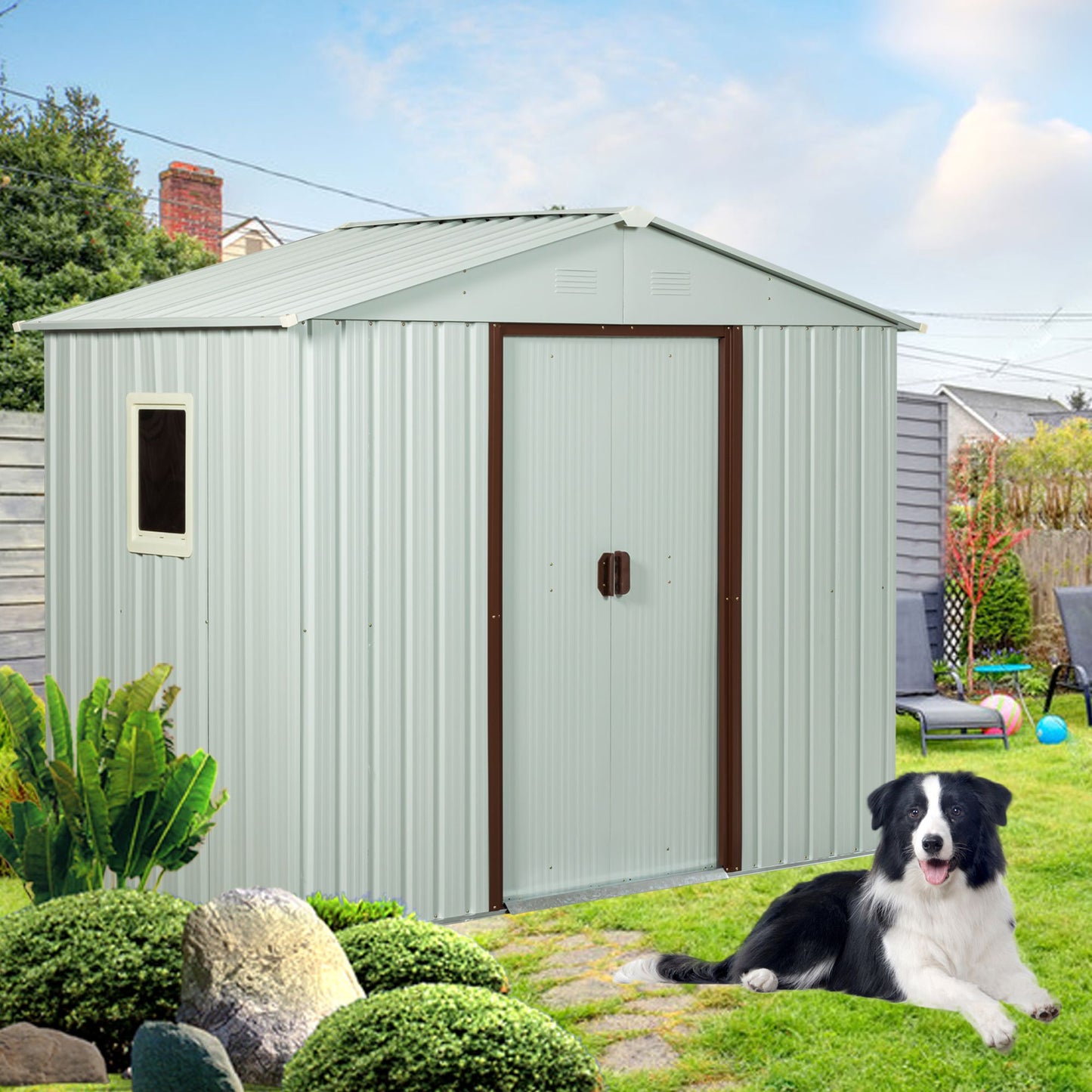 6x5 FT Metal Storage Shed, Window, Sliding Door, Gable Roof, White