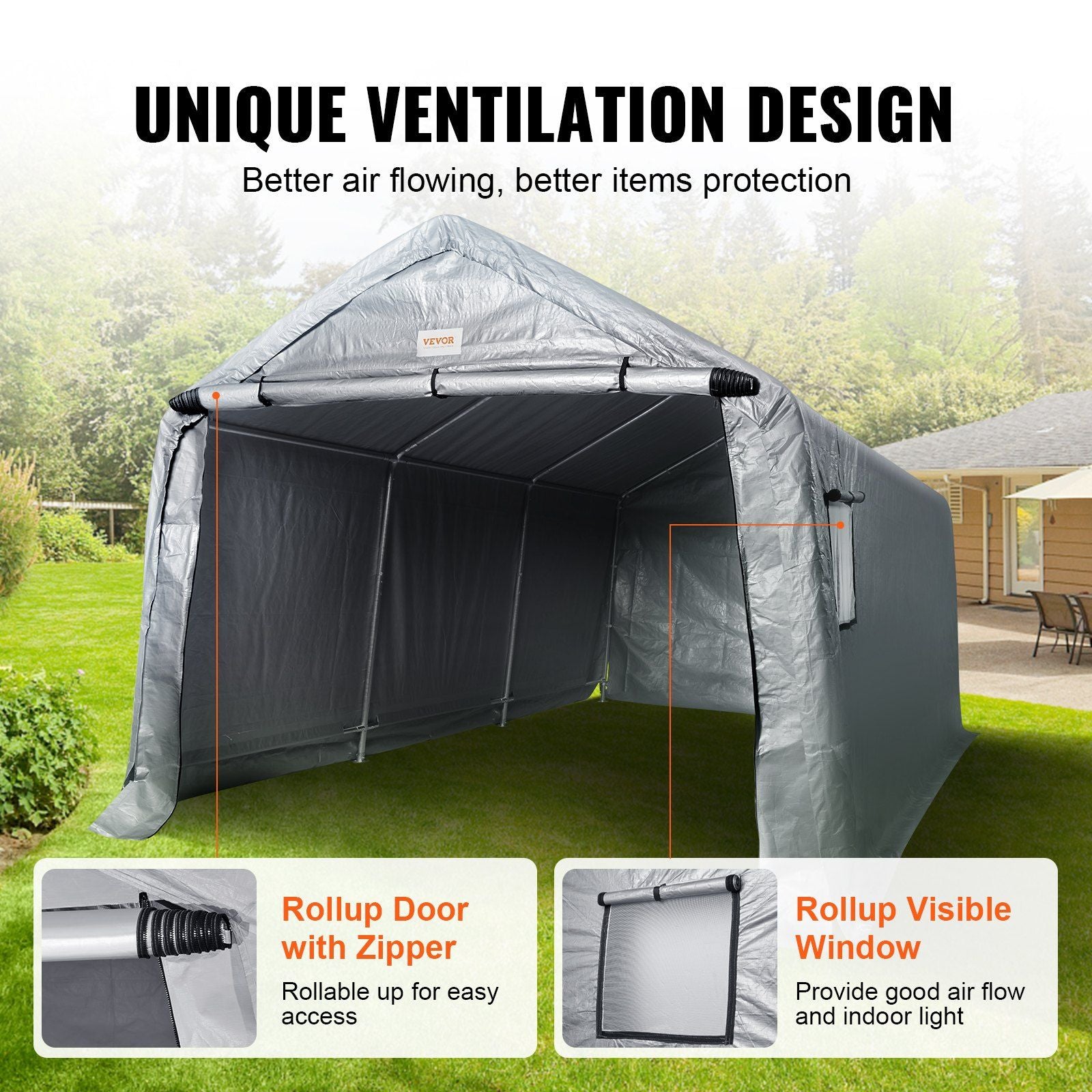 10x15 FT Fabric Carport, 8.46 oz Fabric, 8 FT Peak Height, Gray