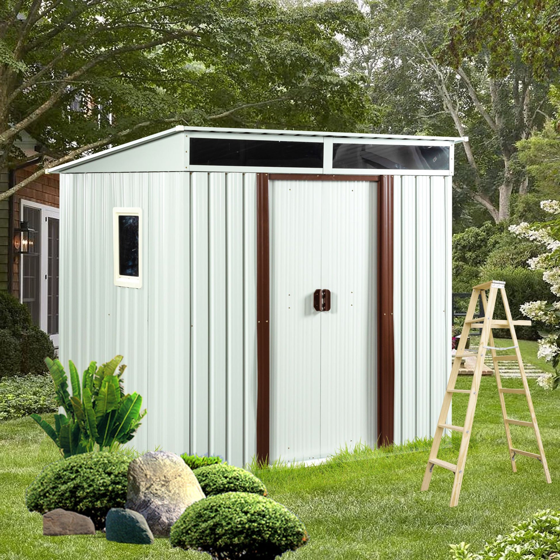 6x5 FT Metal Storage Shed, Skylight & Window, Sliding Door, Lean-to Roof, White