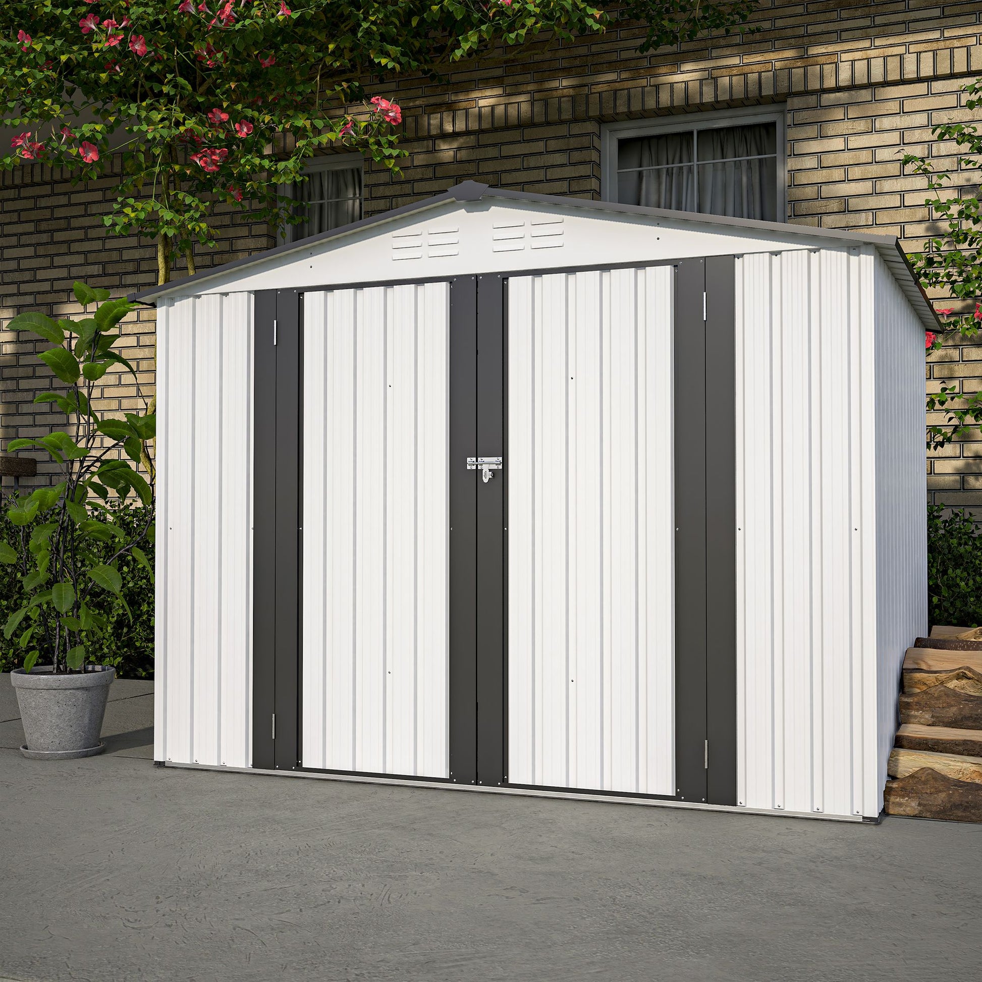 8x6 FT Metal Storage Shed, Double Open Door, Gable Roof, White