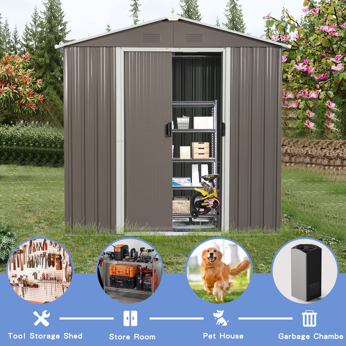 8x4 FT Metal Storage Shed, Sliding Door, Gable Roof, Gray