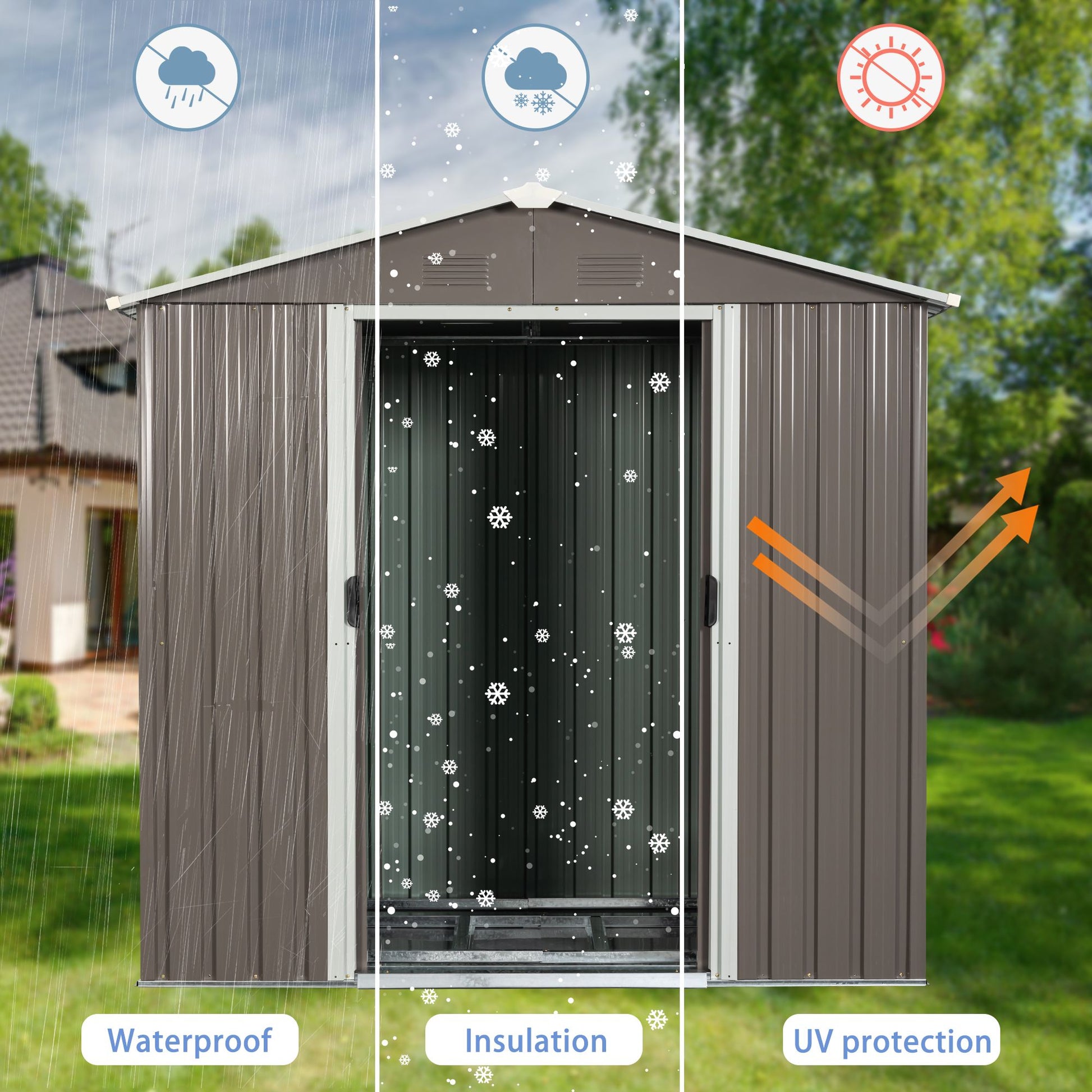 8x4 FT Metal Storage Shed, Sliding Door, Gable Roof, Gray