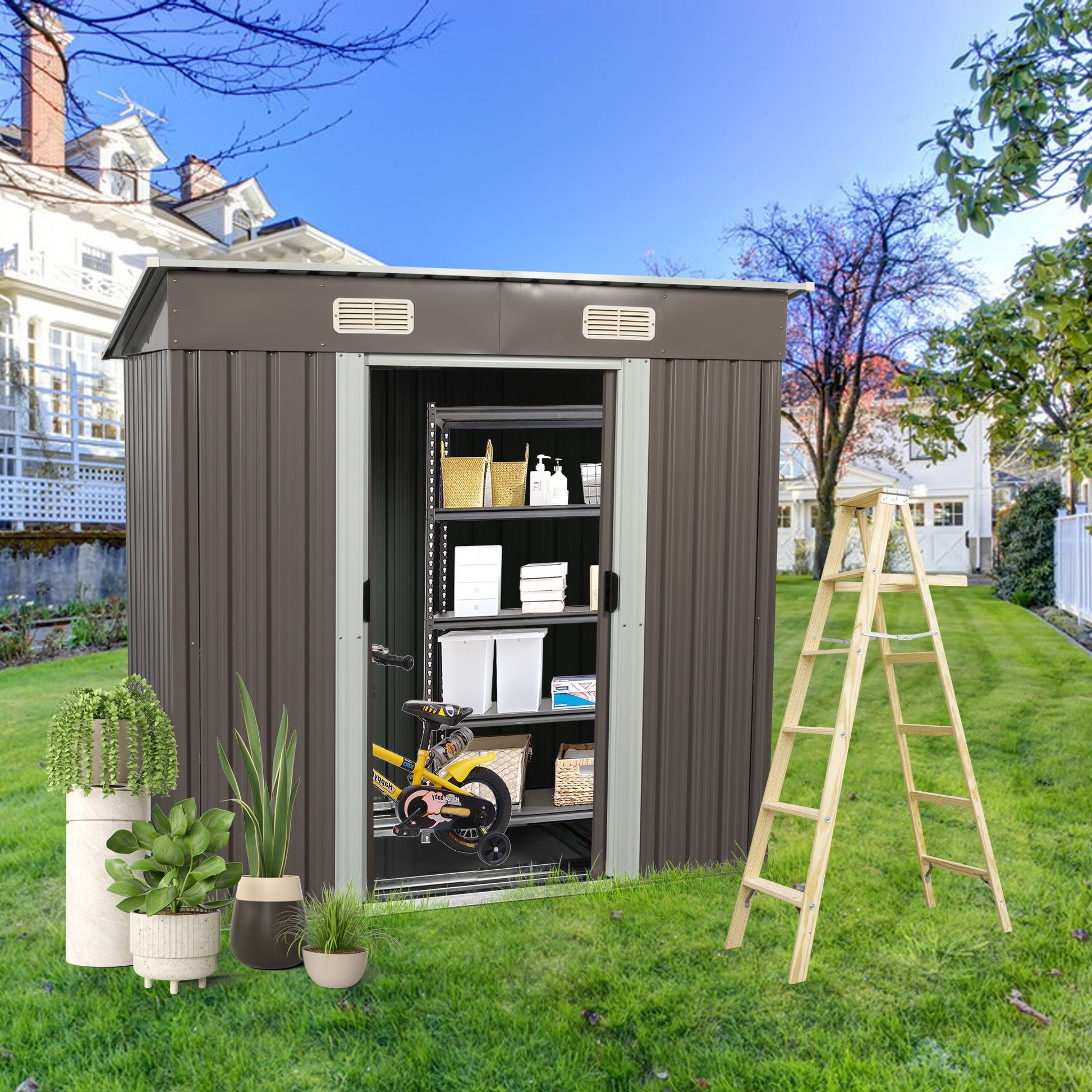 6x4 FT Metal Storage Shed, Sliding Door, Lean-to Roof, Gray