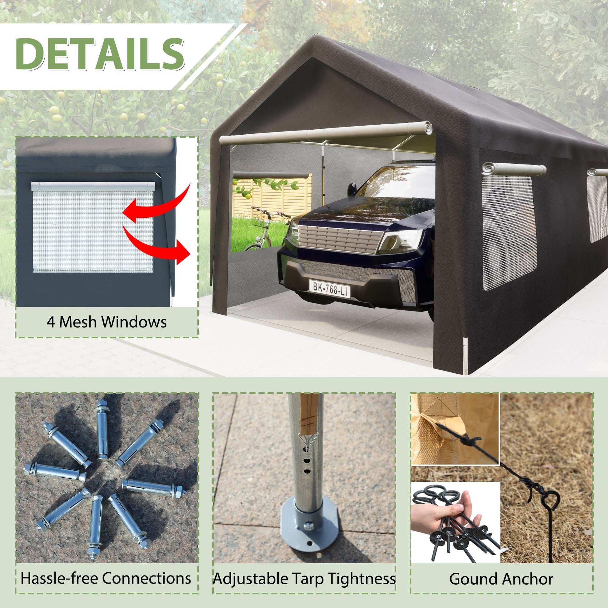 10x20 FT Fabric Carport, 1.5" Steel Frame, Detachable Side Walls, 6.35 oz Polyethylene Fabric, Gray