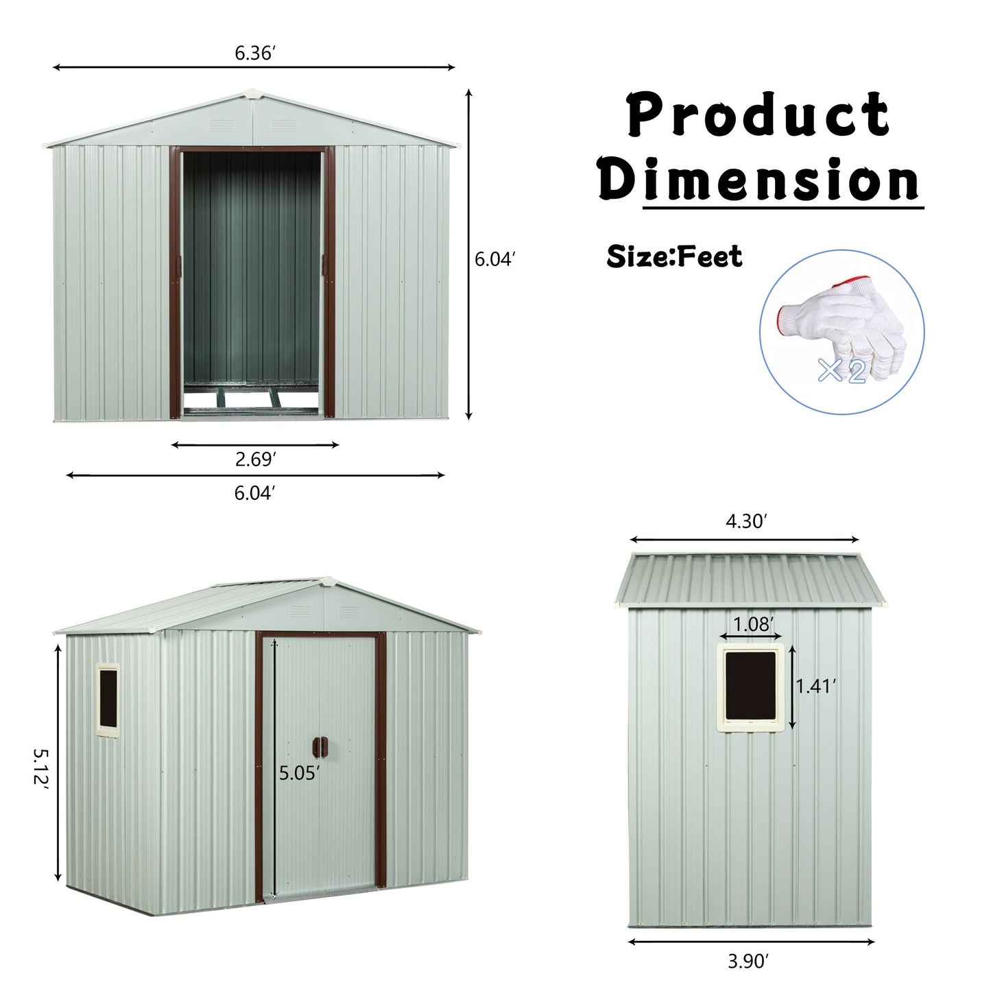 6x5 FT Metal Storage Shed, Window, Sliding Door, Gable Roof, White