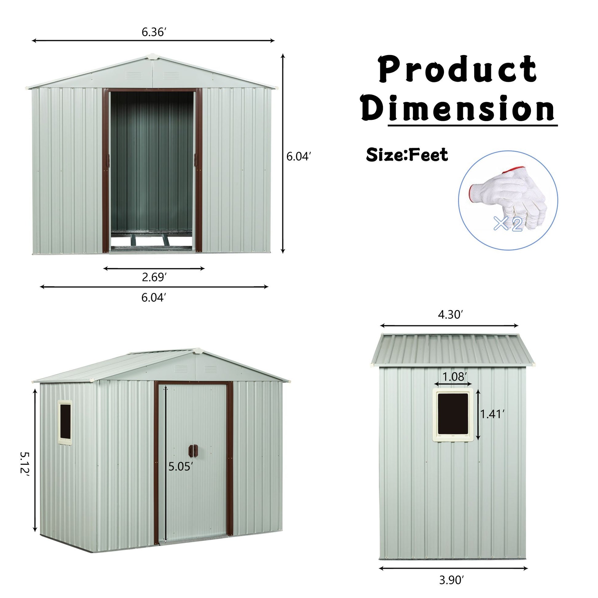6x5 FT Metal Storage Shed, Window, Sliding Door, Gable Roof, White